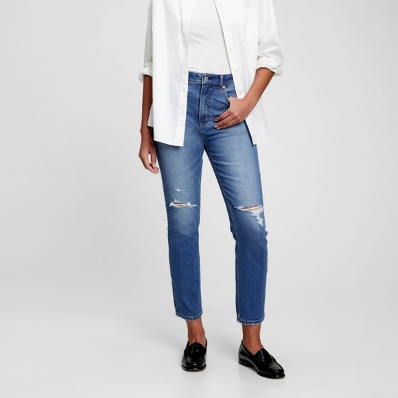 Gap True Skinny Ripped High Waisted Rise Jeans Dark Wash Boho Bohemian Denim - Picture 1 of 6